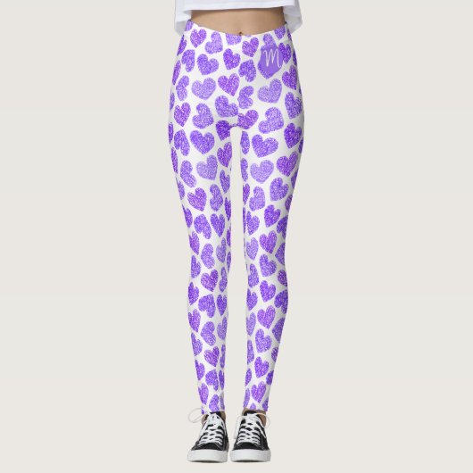 Leggings Cute violet Doodled Heart Saint Valentin Monogramm (Devant)