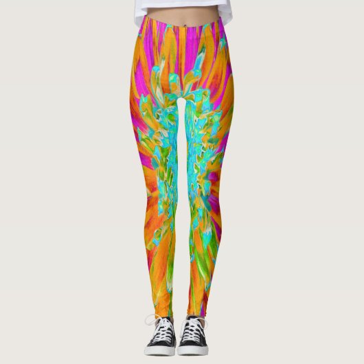 Leggings Dahlia décorative tropicale orange et rose chaud (Devant)
