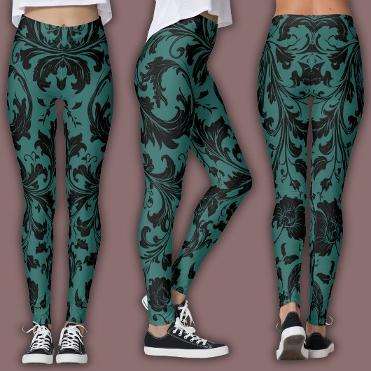 Leggings Damask Pattern | Black & Teal