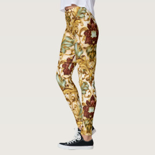 Leggings Damassé floral victorien doré avec sauge