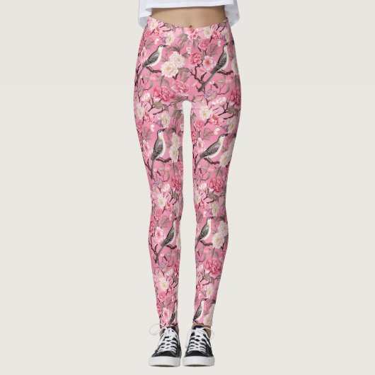 Leggings Dans les fleurs de cerisier Chinoiseries roses Leg (Devant)