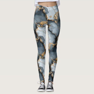 Leggings Dark Blue Marble Texture with Liquid Gold Veins