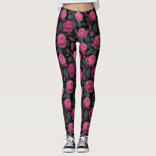Leggings Dark Floral Pink Rose Pattern (Devant)