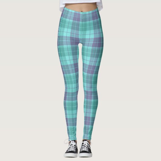 Leggings d'art bleu violet d'Aqua Plaid Retro (Devant)