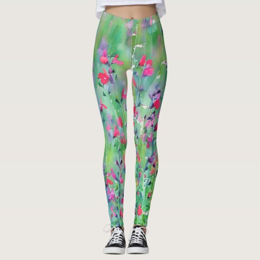 Leggings d'art de pré fleuri sauvage rose (Devant)