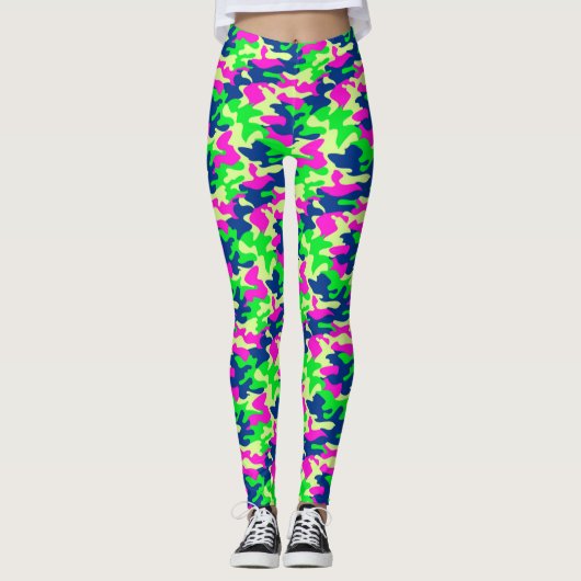 Leggings de camouflage bleu néon, rose et vert (Devant)