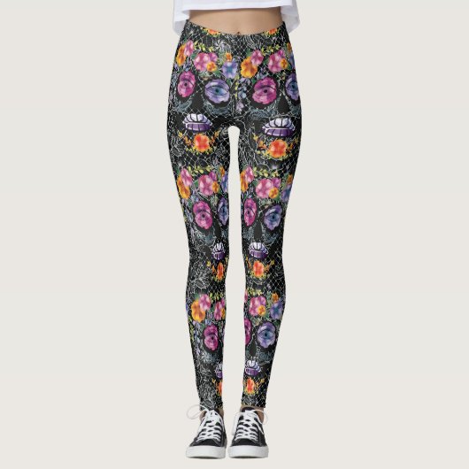 Leggings de crâne de fleurs noires - Mode crâne (Devant)