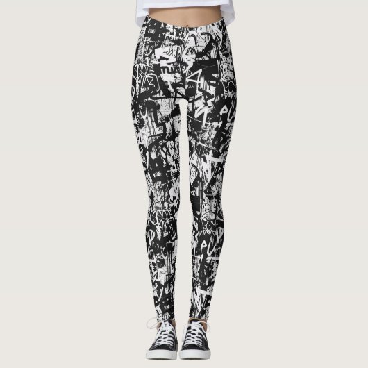 Leggings de graffiti en noir et blanc (Devant)