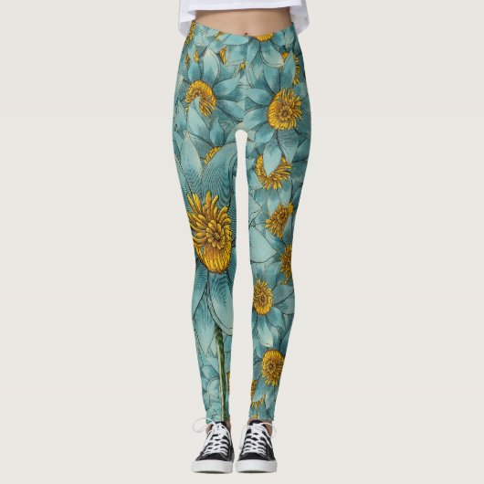 Leggings de tournesol turquoise et jaune (Devant)