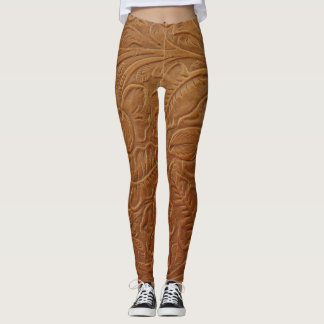 Leggings Décor occidental cowboy floral, cuir marron foncé.