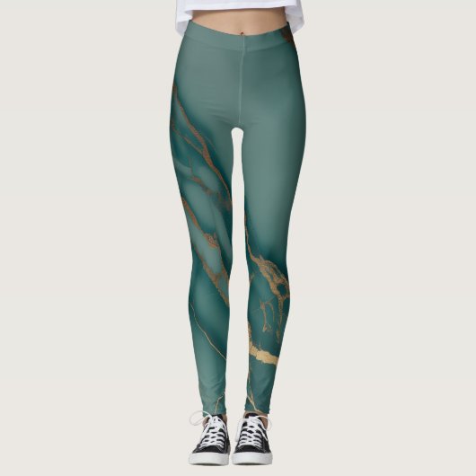 Leggings Deep Teal Marble + Gold Veins Luxury Fit Hand Sewn (Devant)