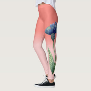 Leggings Dégradé de rose thé corail avec fleur bleue