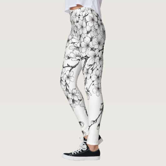 Leggings Délicat art en fleurs de cerises en monochrome (Gauche)