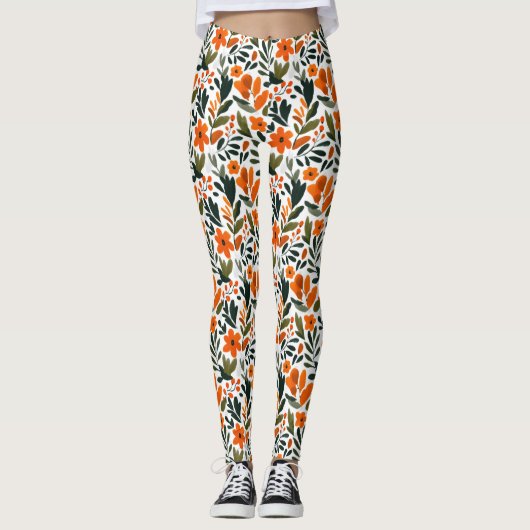 Leggings Delicate Spring Flowers Orange Floral Pattern  (Devant)