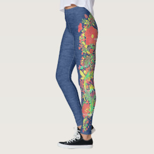 Leggings Denim de Faux avec la conception de panneau floral