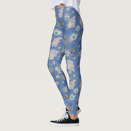 Leggings Denim Jean poches, chatons et dentelle (Gauche)