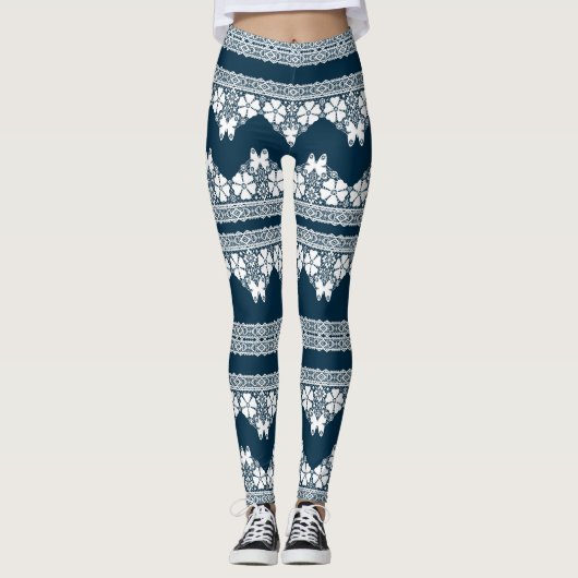Leggings Dentelle blanche rétro avec papillons sur un bleu (Devant)