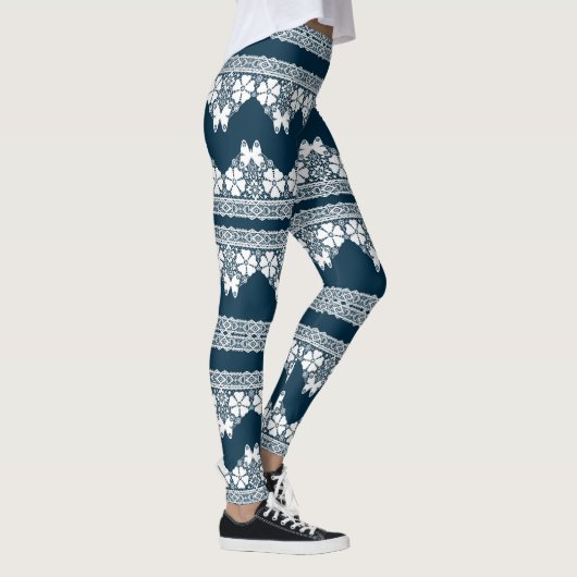 Leggings Dentelle blanche rétro avec papillons sur un bleu (Droite)