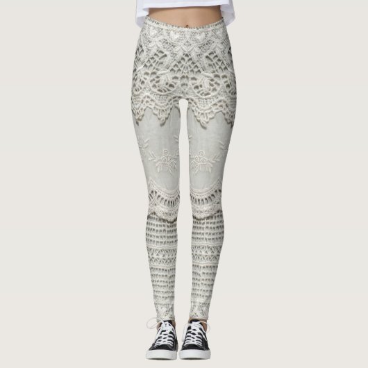 Leggings Dentelle blanche subtile, gros plan textile. (Devant)