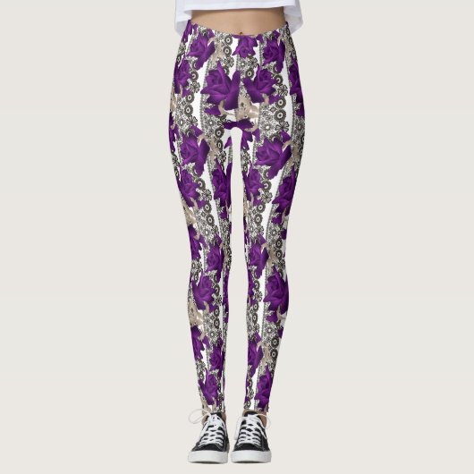 Leggings Dentelle fleurie Abstraite violette rose vintage (Devant)