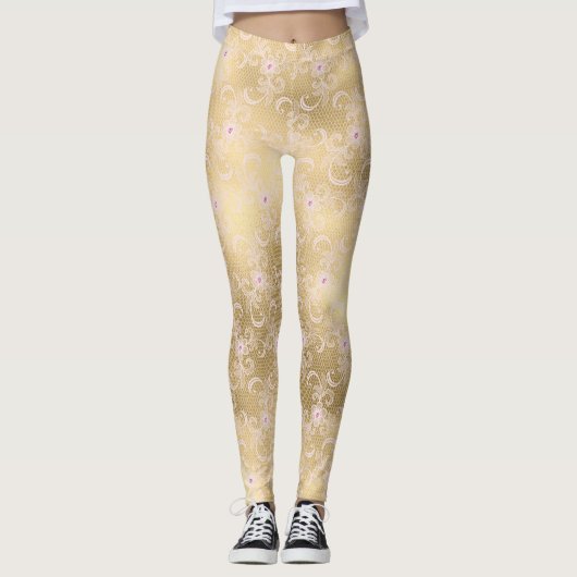 Leggings Dentelle florale rose or (Devant)