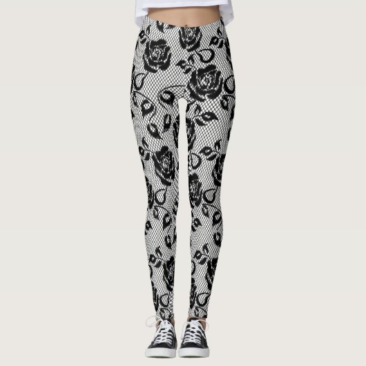 Leggings Dentelle noire avec des roses sur les guêtres (Devant)