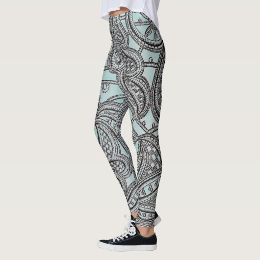 Leggings Dentelle noire fleurie et motif turquoise (Gauche)