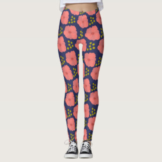 Leggings Des fleurs de pavot rose sur la marine avec des ac