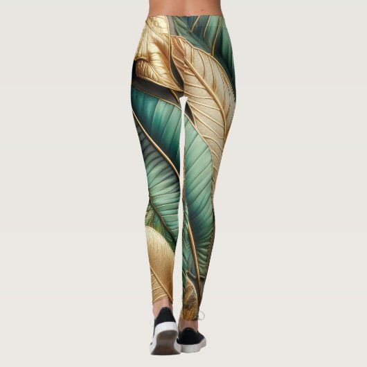 Leggings Design Feuille Tropical Vert Or Quilé (Dos)