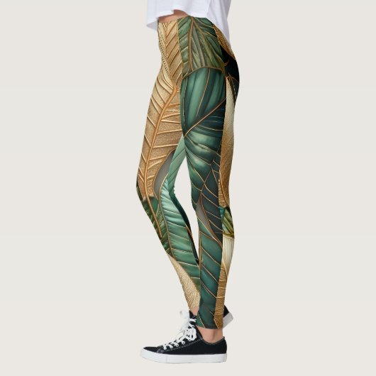 Leggings Design Feuille Tropical Vert Or Quilé (Gauche)