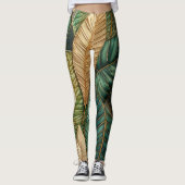 Leggings Design Feuille Tropical Vert Or Quilé (Devant)