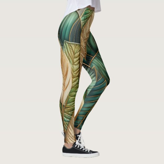 Leggings Design Feuille Tropical Vert Or Quilé (Droite)