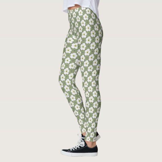 Leggings Design Khaki Fleurs Blanches Flore (Gauche)