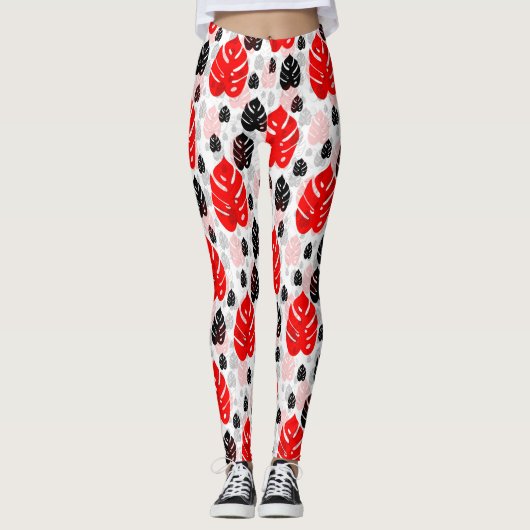 Leggings Design Motif d'illustration de feuille noire rouge (Devant)