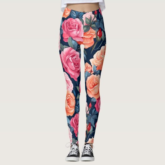 Leggings Design Motif Rose rouge rose orange (Devant)