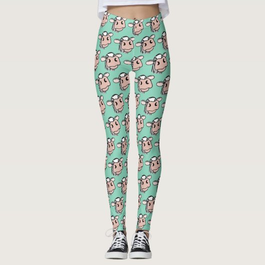 Leggings dessin animé vache noir blanc rose baiser gris ani (Devant)