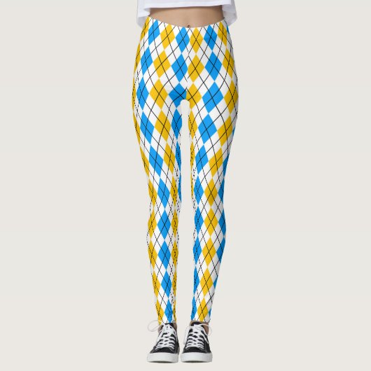 Leggings Dessin de diamant Argyle bleu jaune blanc (Devant)