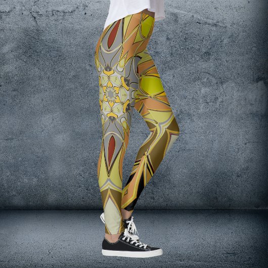 Leggings Dessin Mandala Fleur Jaune Gris et Rouge
