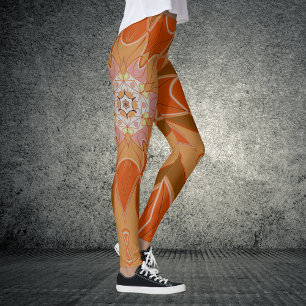 Leggings Dessin Mandala Fleur orange et rose