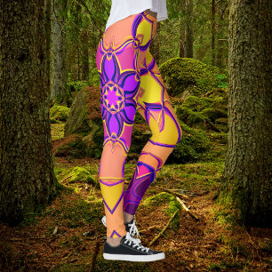 Leggings Dessin Mandala Flower rose violet et orange