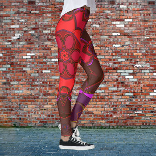 Leggings Dessin Mandala Flower rouge rose et violet