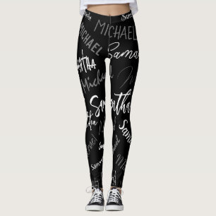 Leggings Deux noms couple motif monogramme noir gris blanc