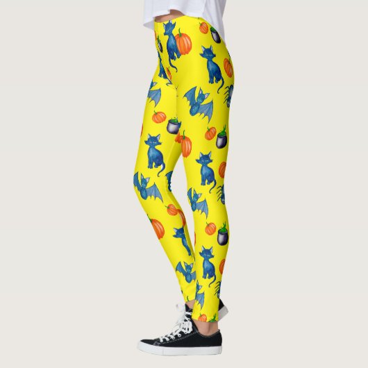 Leggings d'Halloween jaune - Chat noir et Citrouil (Gauche)