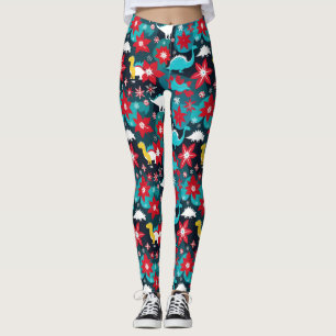 Leggings Dinosaures de Noël rétro en bleu et rouge