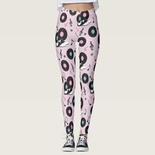 Leggings Disco Retro Pink Vinyl Records des années 80 (Devant)