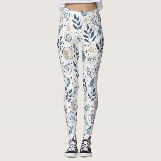 Leggings Doodle Botanique Bleu géométrique (Devant)