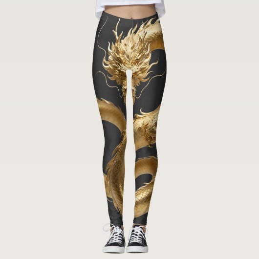Leggings Dragon Chinois Doré Art | Créature Mythique Fantas (Devant)