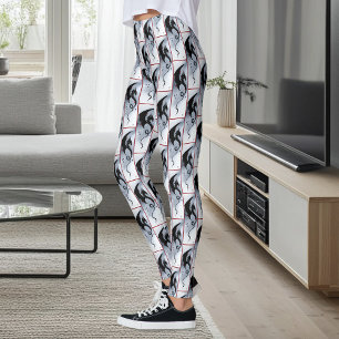 Leggings Dragon tribal noir gras rouge et fleurs bleues