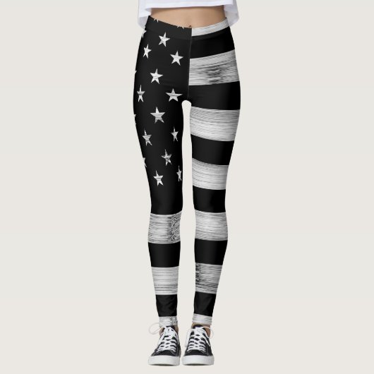Leggings Drapeau américain Bois rustique Noir Blanc Patriot (Devant)