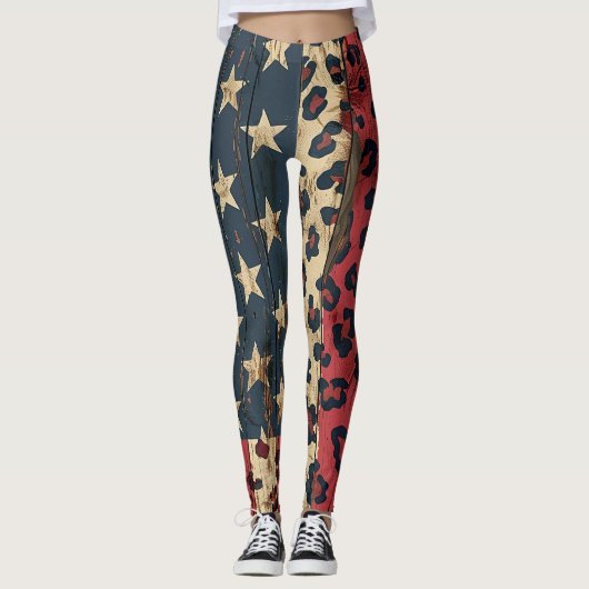 Leggings Drapeau américain rustique imprimé léopard (1) (Devant)